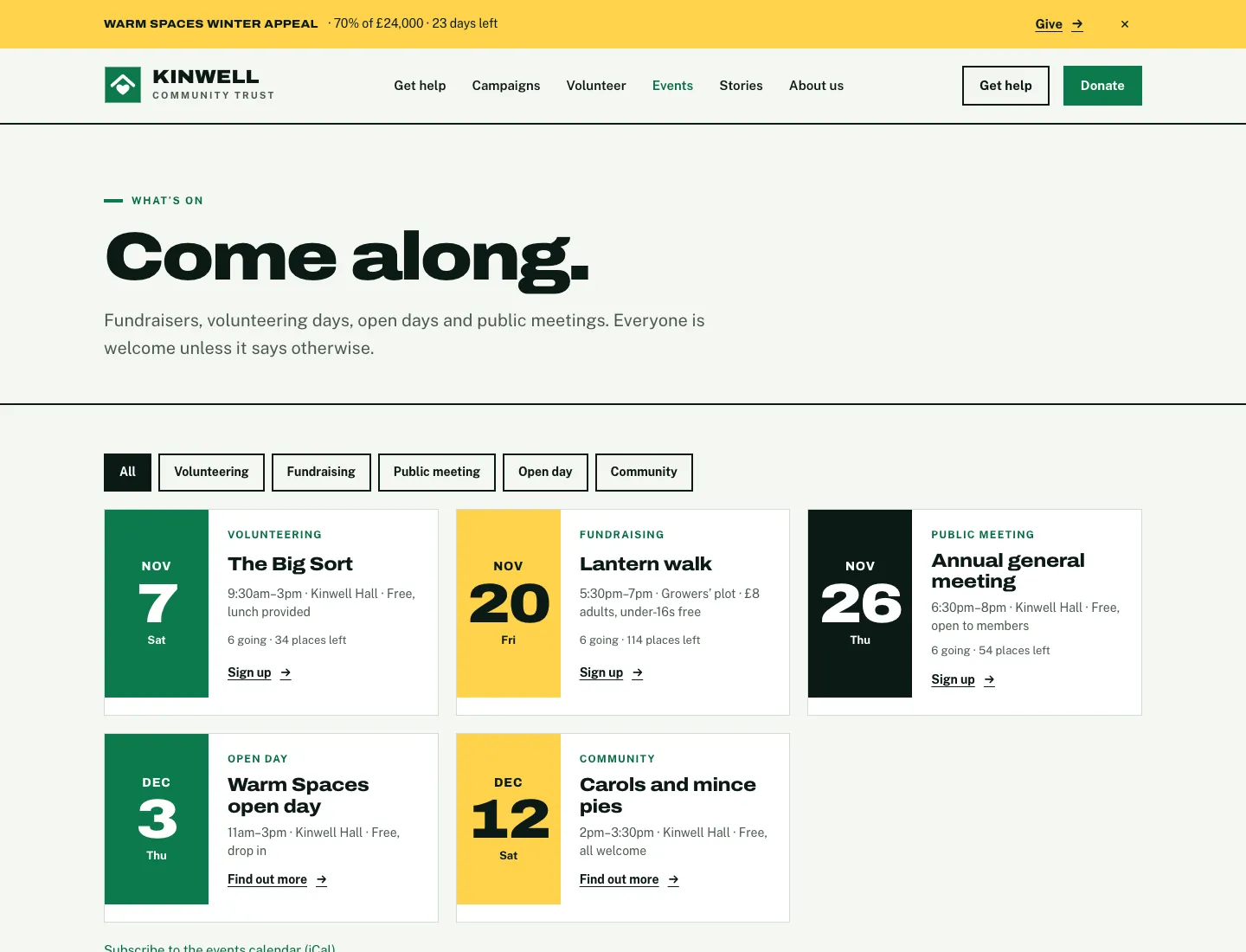 Events page in the Impact design on desktop: filters for volunteering, fundraising, public meetings, open days and community events, and cards with coloured date blocks, times, place, price, how many are going and Sign up