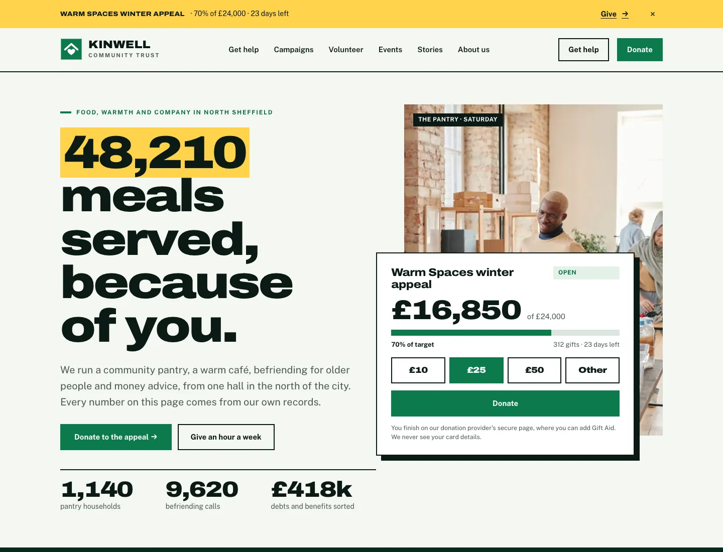 Charity home page in the Impact design on desktop: the appeal strip with its live percentage and Give, a big headline taken from the annual report’s first figure, Donate to the appeal and Give an hour a week, the year’s figures, and the live campaign card with amount buttons over a photo