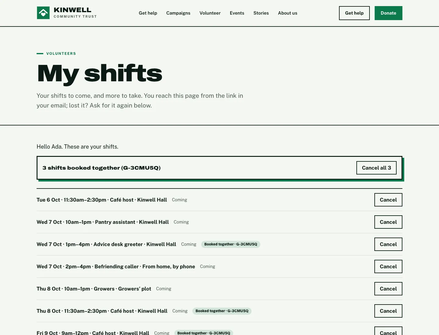 A volunteer’s own “My shifts” page (Pro) in the Impact design on desktop: shifts booked together with Cancel all, then every shift to come with its date, time, role and place, a Booked together tag and its own Cancel button