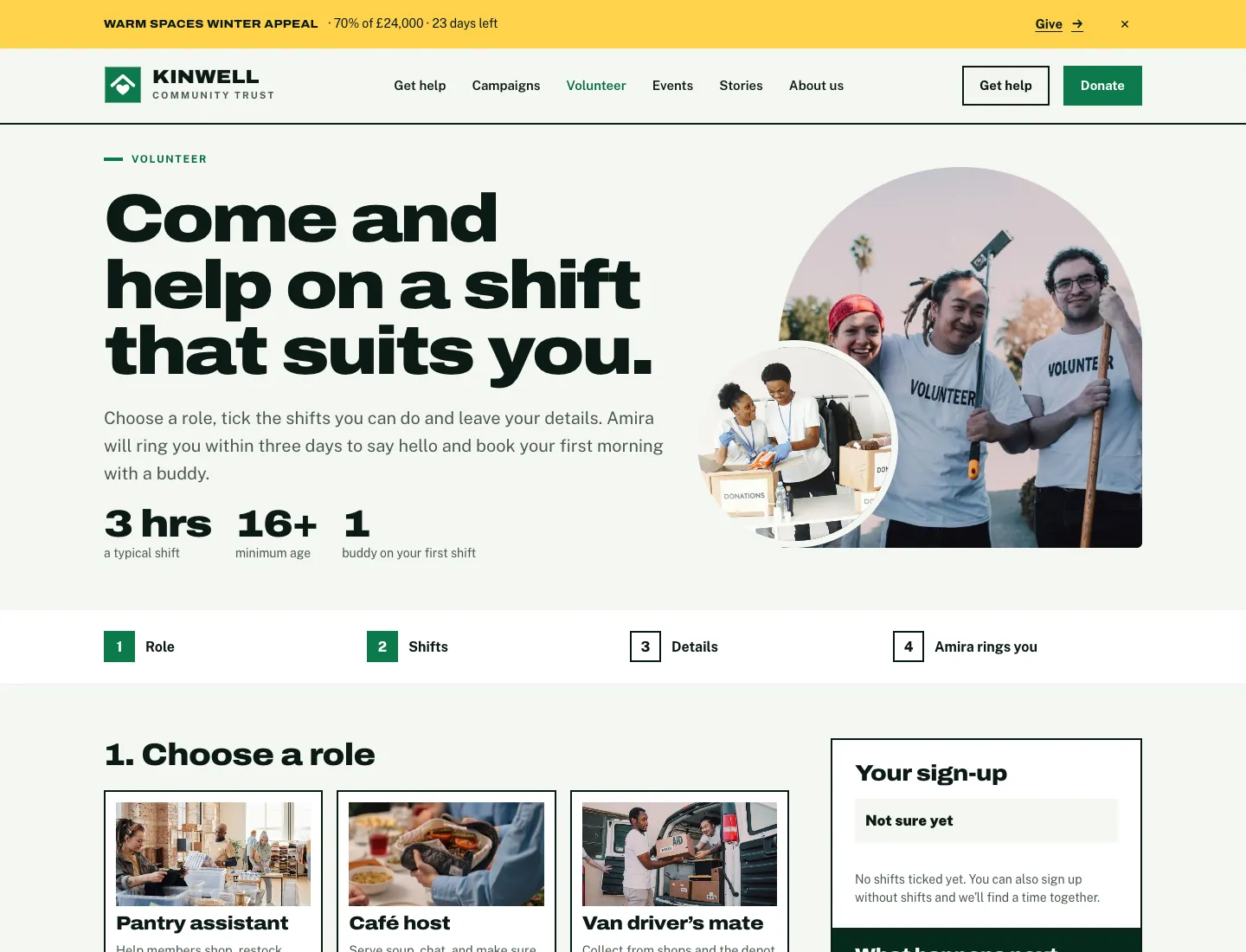 Volunteer page in the Impact design on desktop: “Come and help on a shift that suits you.” with a typical shift and the minimum age, steps for role, shifts, details and a call back, then role cards with photos