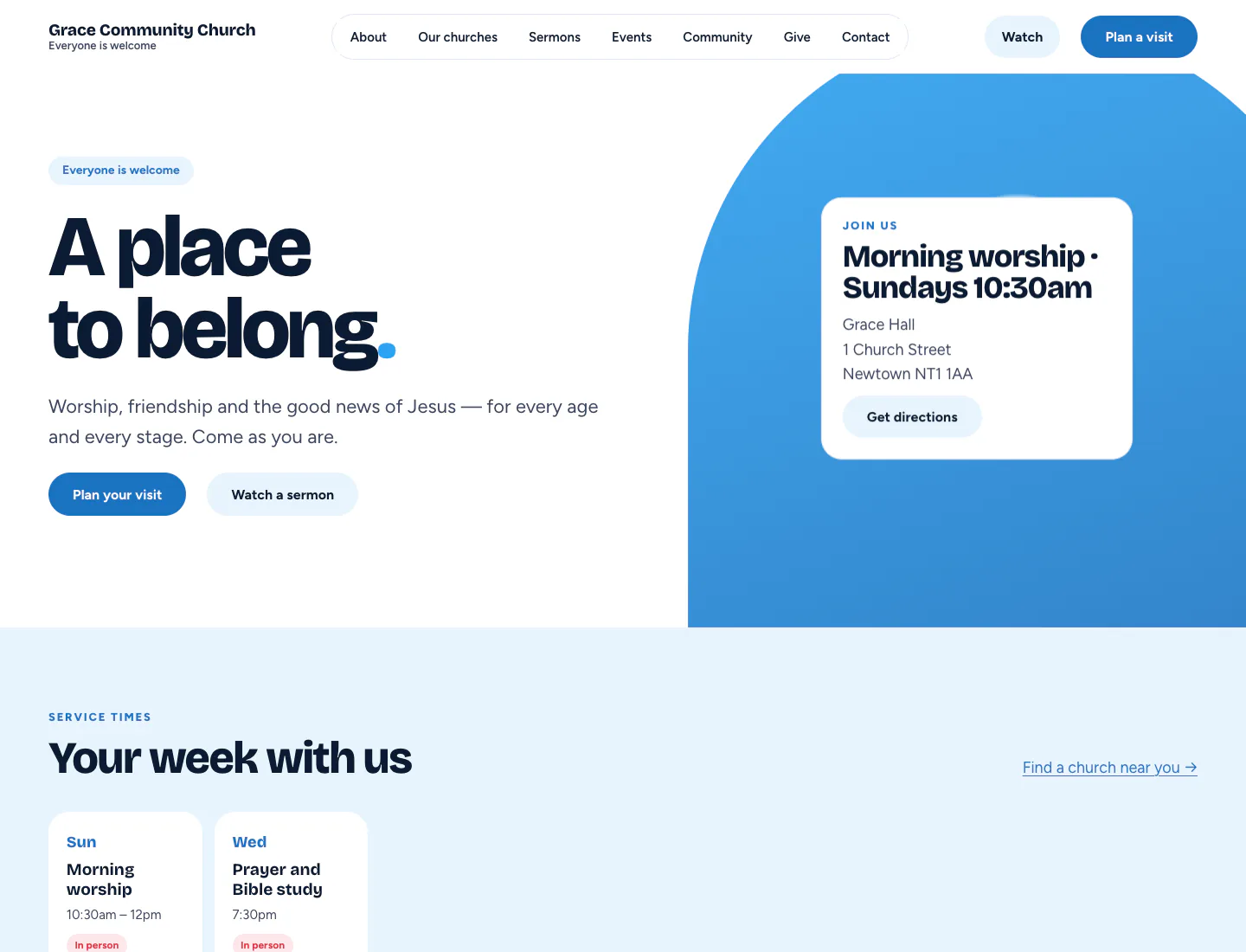 Church home page in the Gathering design on desktop: hero “A place to belong” with service-time card, Plan your visit and Watch a sermon buttons, and this week’s service times