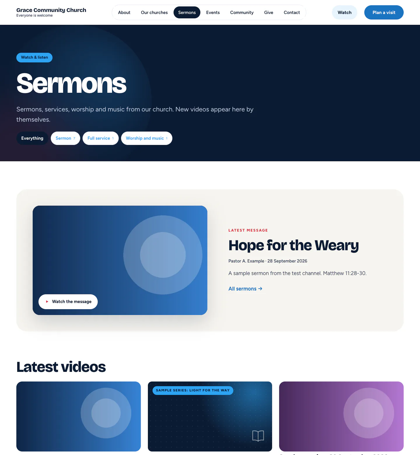 Church “Sermons” page in the Gathering design on desktop: sermon library: latest message feature, filter chips and a grid of sermon videos