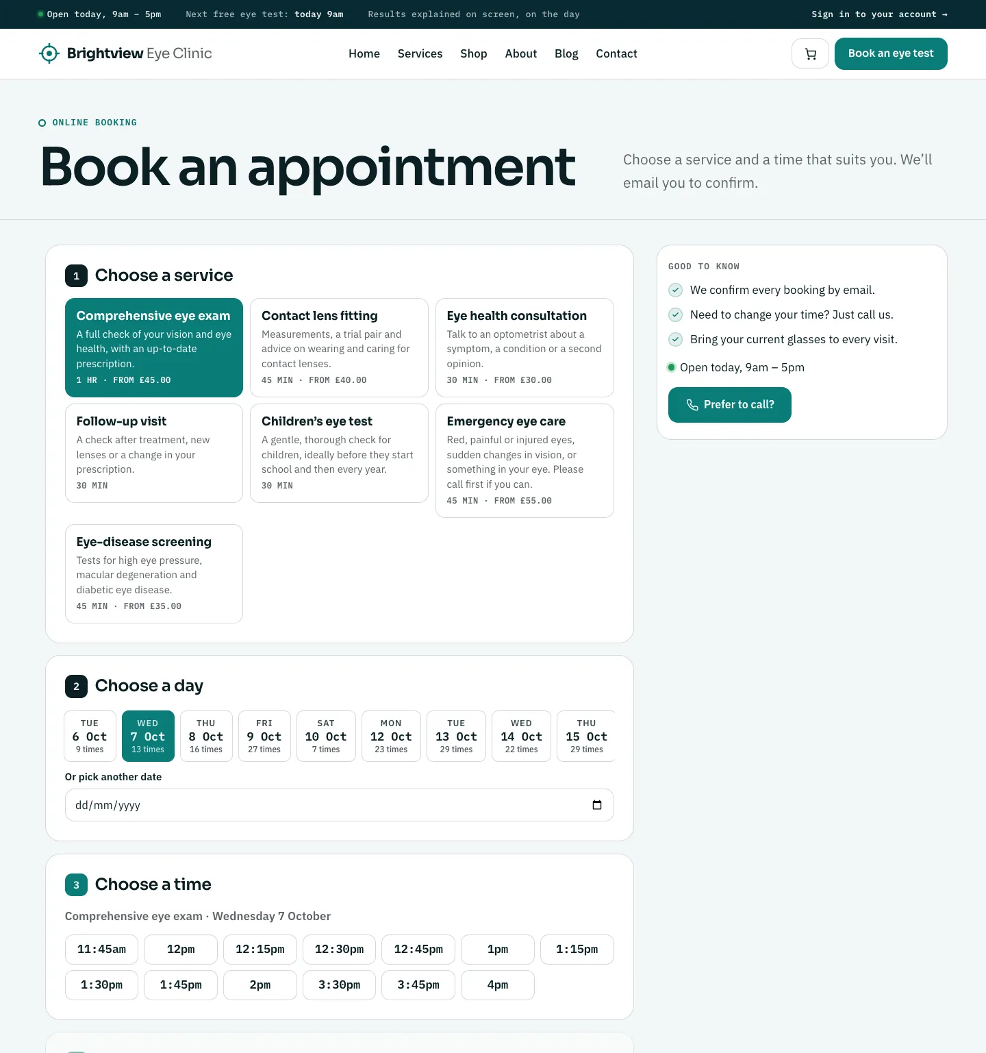 Clinic “Book an appointment” page in the Clarity design on desktop: a comprehensive eye exam chosen, day chips with free-time counts and the free times for the chosen day