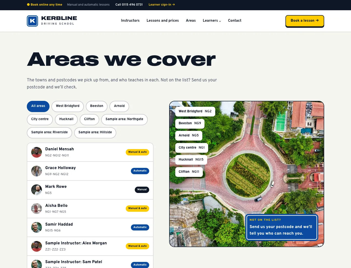 Areas we cover page in the Signal design on desktop: area chips, the instructors with their postcodes and gearbox, and an aerial photo of a roundabout with each area’s postcode and a “Not on the list?” note