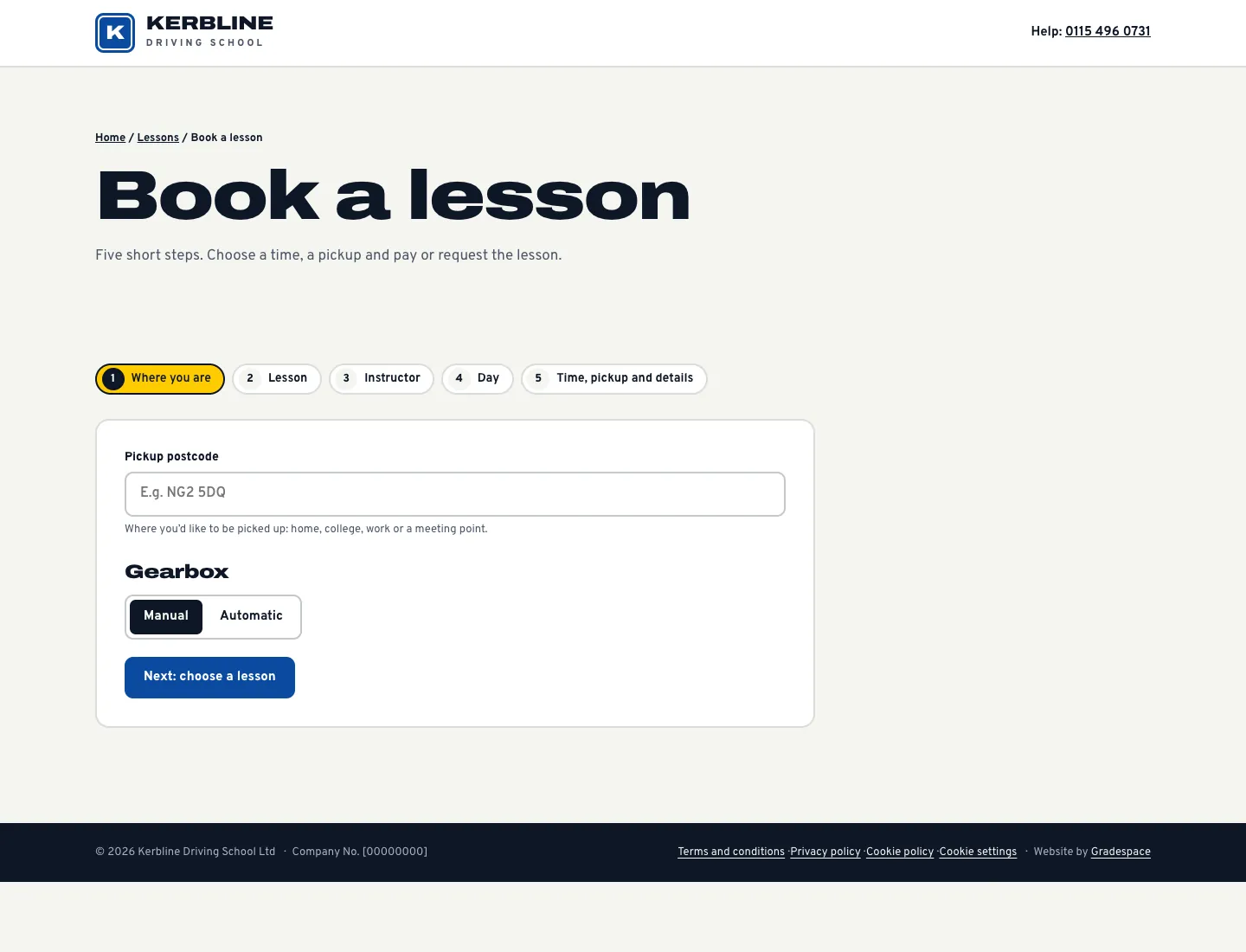 Book a lesson page in the Signal design on desktop: five steps (Where you are, Lesson, Instructor, Day, Time, pickup and details), the pickup postcode and a manual or automatic choice