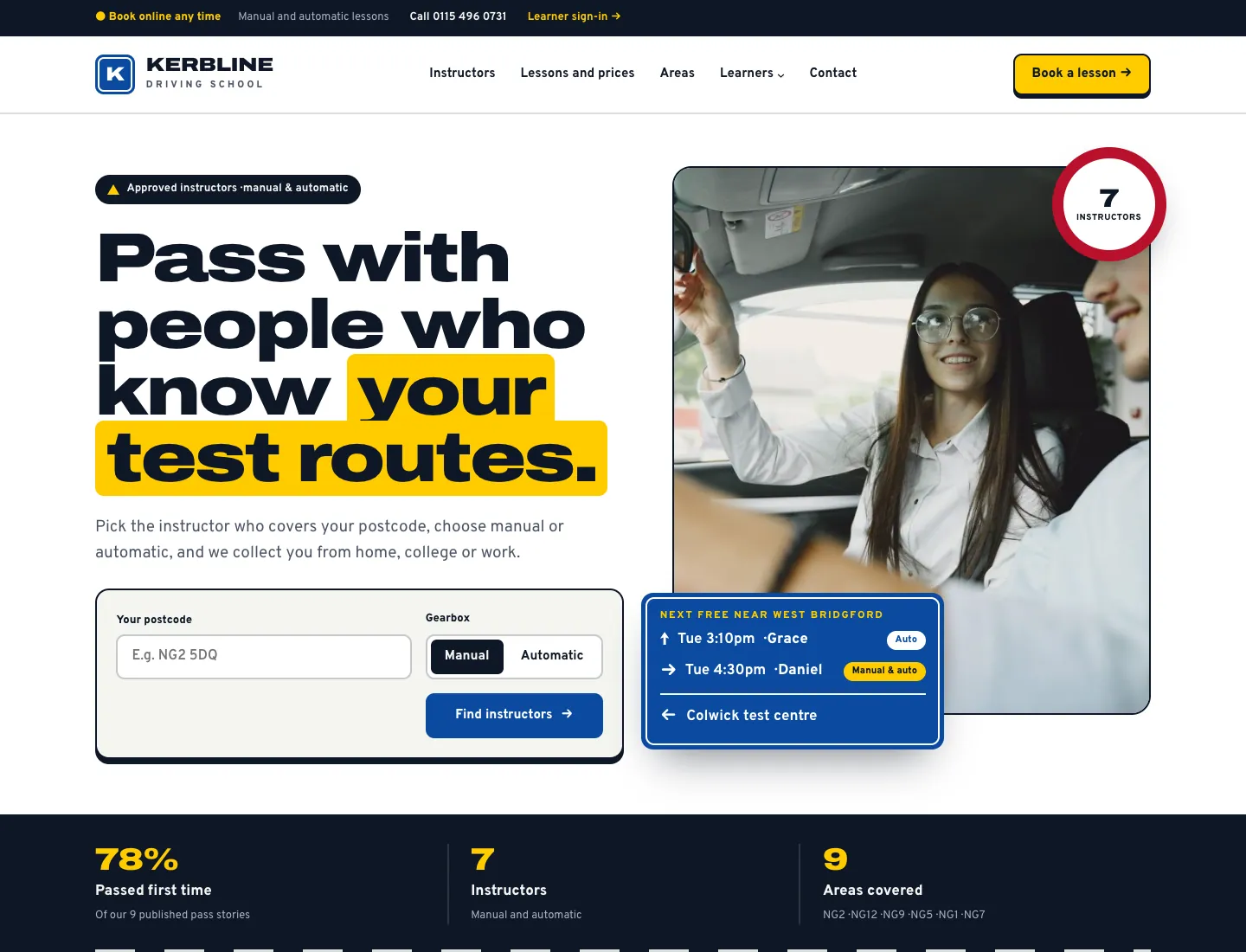 Driving school home page in the Signal design on desktop: “Pass with people who know your test routes.” in heavy type, a postcode and manual or automatic finder, a photo of a lesson with a roundel counting the instructors, the next free lessons nearby on a blue road sign, and a band with the first-time pass share, instructors and areas covered