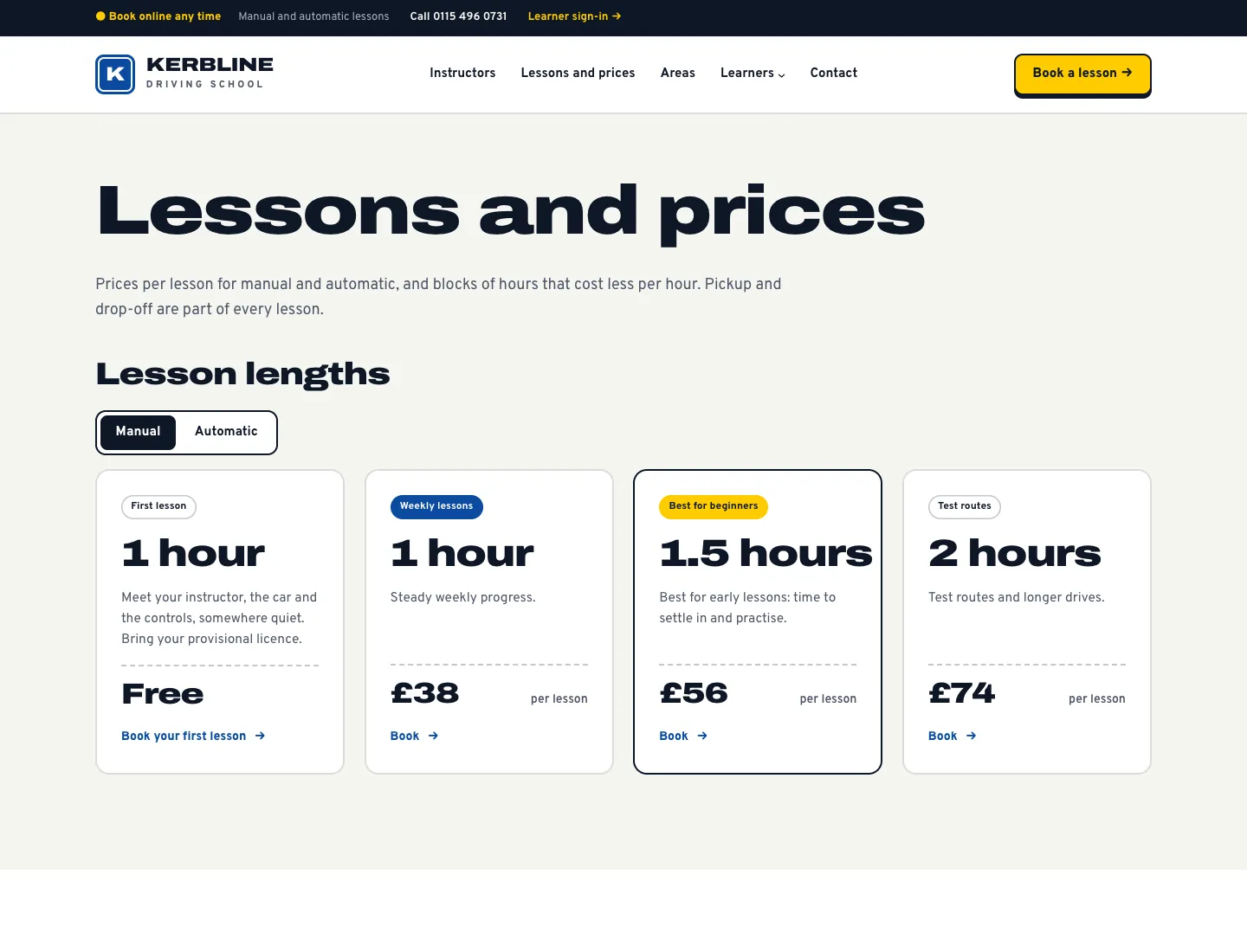 Lessons and prices page in the Signal design on desktop: a manual or automatic switch and cards for a free first lesson and 1, 1.5 and 2-hour lessons with their prices and Book links