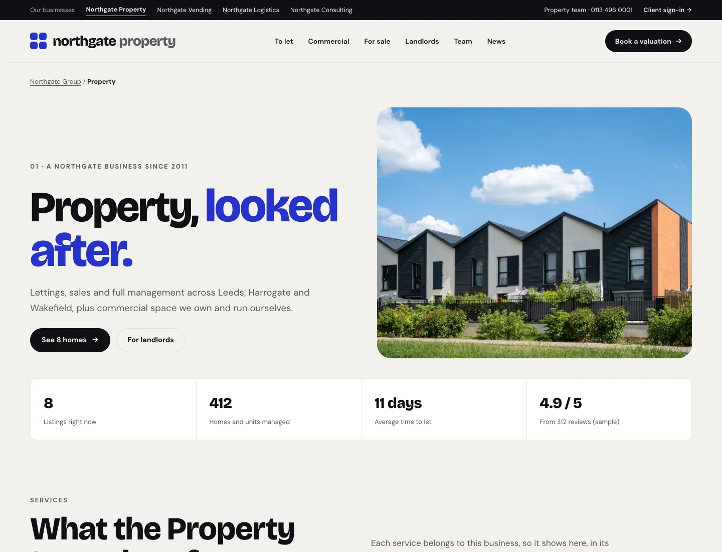 A business’s own page in the Mosaic design on desktop: Northgate Property with its own menu, “Property, looked after.”, See 8 homes and For landlords buttons, a photo and its figures