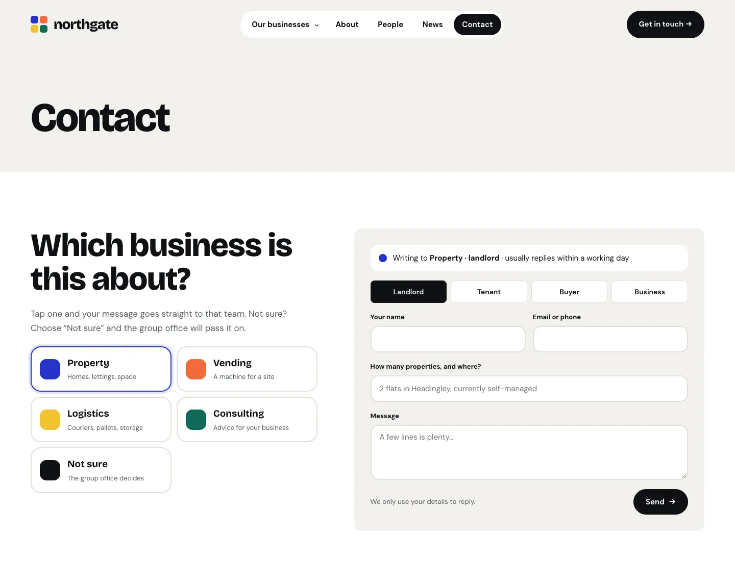 Contact page in the Mosaic design on desktop: “Which business is this about?” with a tile per business and Not sure, and a form that asks that business’s own question