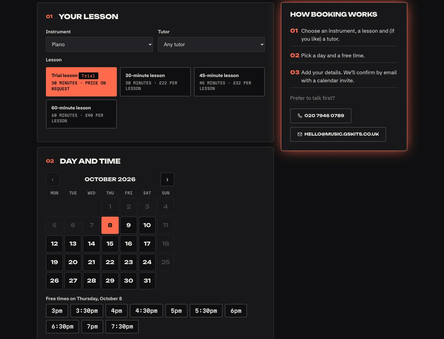 Music school “Book a lesson” page in the Amp design on desktop: piano and a trial lesson chosen, a month calendar with Thursday picked and that day’s free times, beside the How booking works card