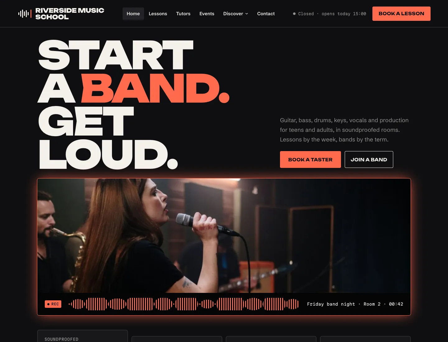 Music school home page in the Amp design on desktop: “Start a band. Get loud.” in big capitals on near-black, Book a taster and Join a band buttons, and a glowing band photo with a record bar and waveform