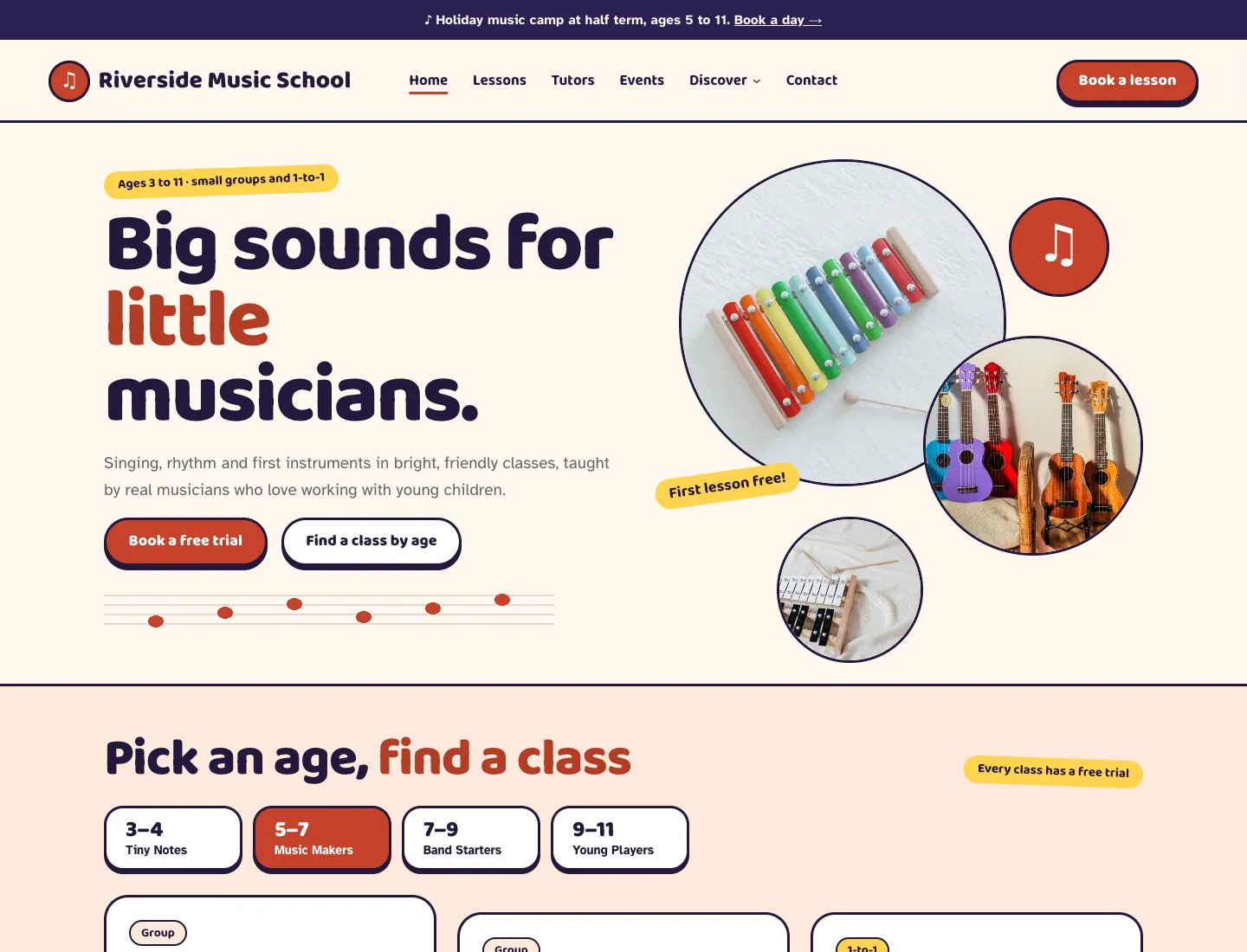 Gradespace Music home page in the Little Notes design