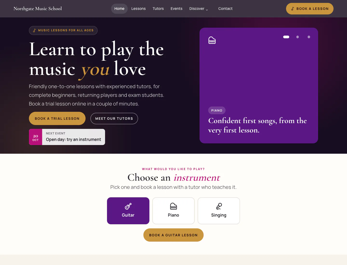Gradespace Music home page in the Stage Lights design