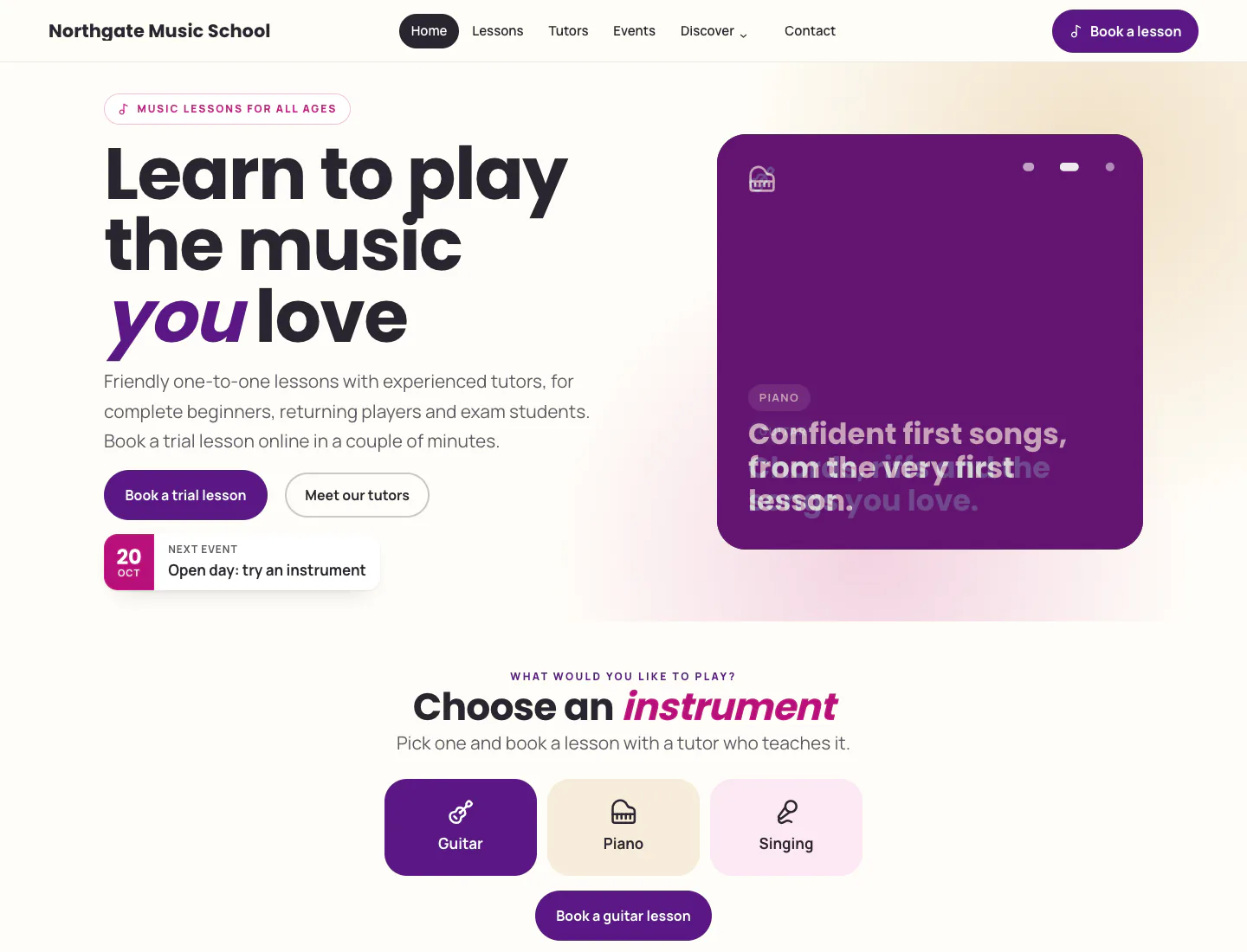 Gradespace Music home page in the Studio Colour design