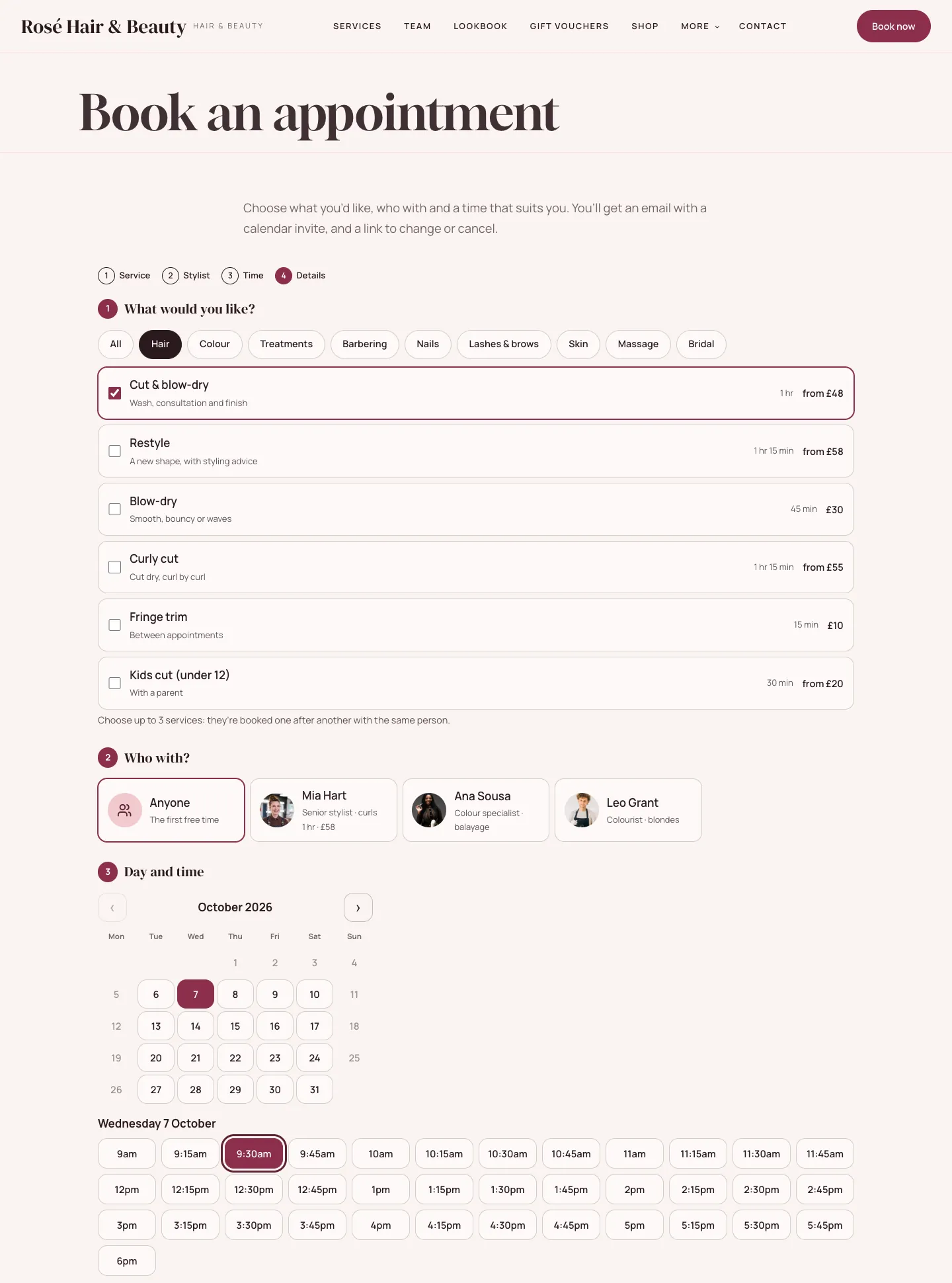 Salon “Book an appointment” page in the Blush design on desktop: a cut and blow-dry chosen, Anyone or a named stylist, a month calendar of free days and the free times for the chosen day