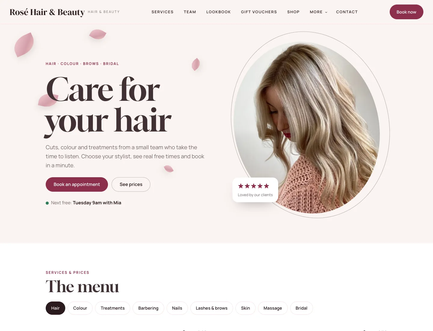 Salon home page in the Blush design on desktop: hero “Care for your hair” with Book an appointment and See prices buttons, the next free time, and a photo in a tilted oval with floating petals