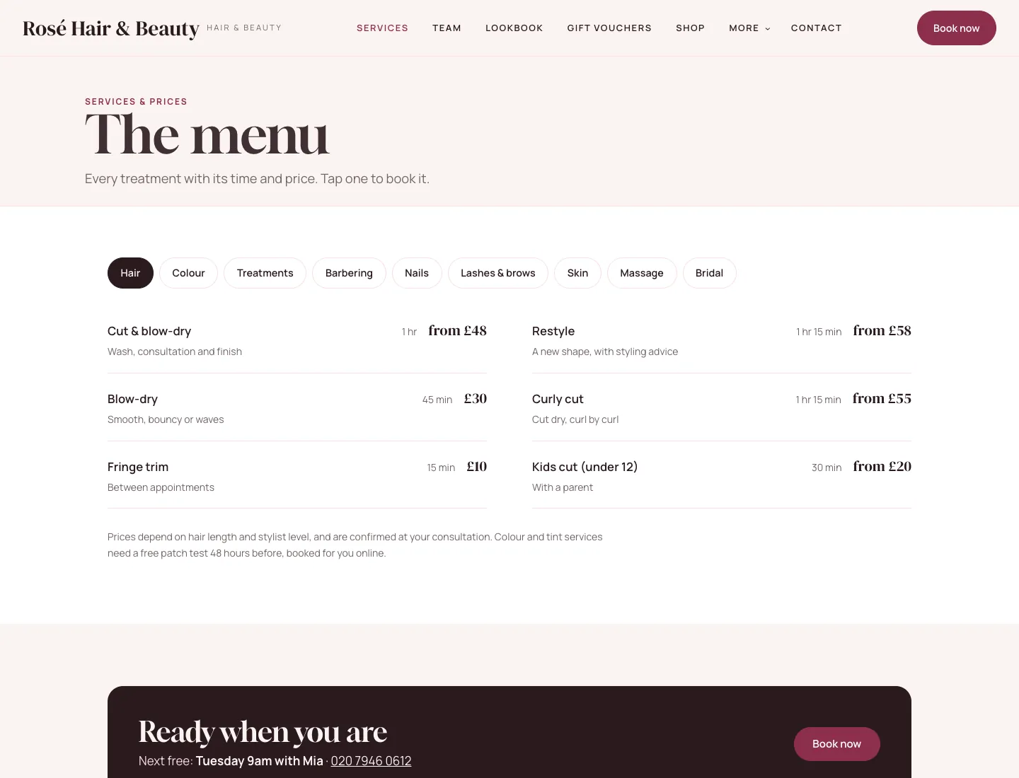 Salon “Services and prices” page in the Blush design on desktop: service categories, then each treatment with its time and price