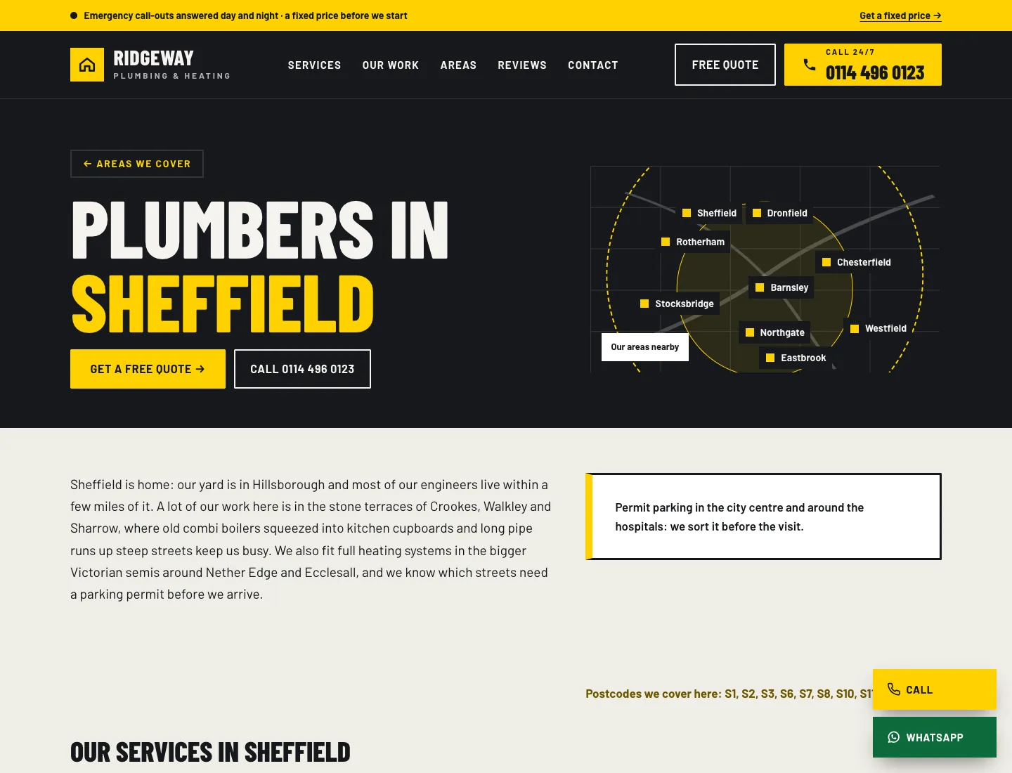 A service area page in the Workshop design on desktop: “Plumbers in Sheffield” with Get a free quote and Call buttons, a drawn map of nearby areas, the town’s own words about the work there, a local note and the postcodes covered