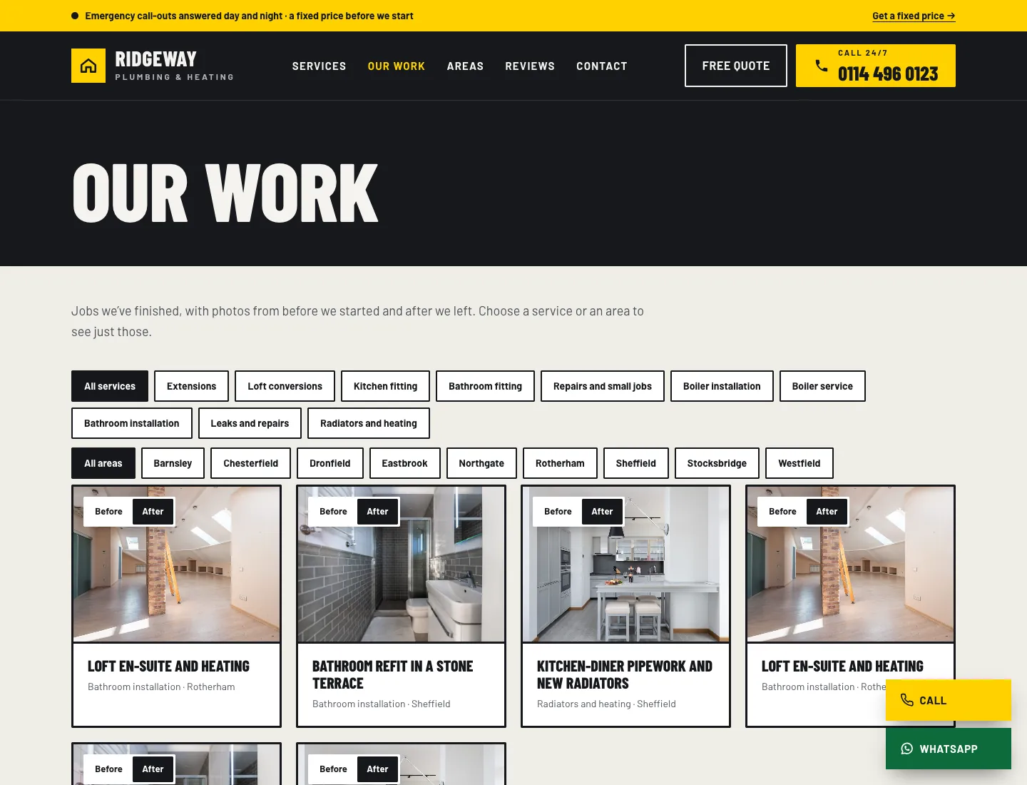Our work page in the Workshop design on desktop: filters by service and by area, and project cards with Before and After switches, the service and the town