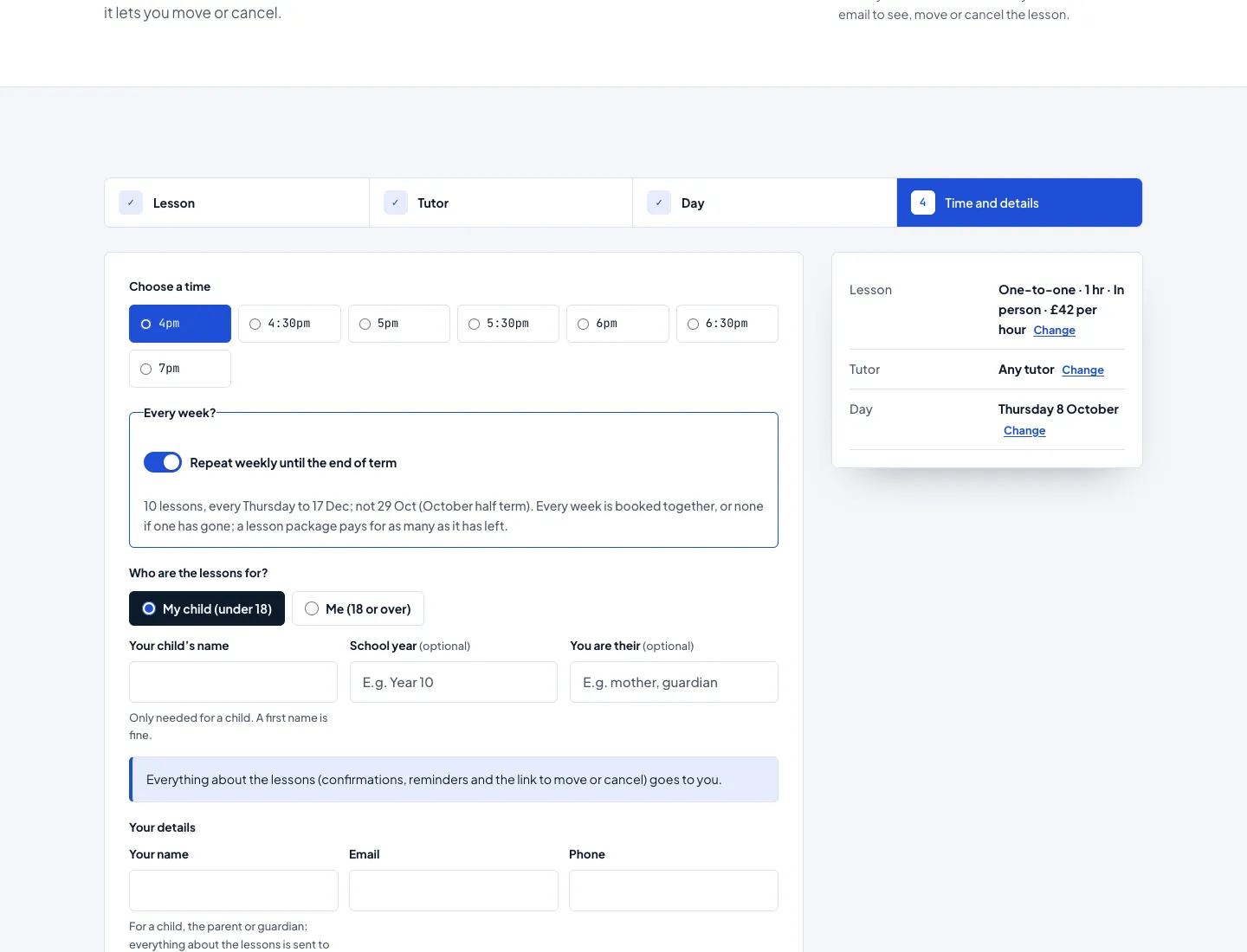 The booking form’s last step (Pro) in the Campus design on desktop: a choice of times and “Repeat weekly until the end of term” switched on, with how many lessons, the last date and the half term left out, and the chosen lesson, tutor and day beside it