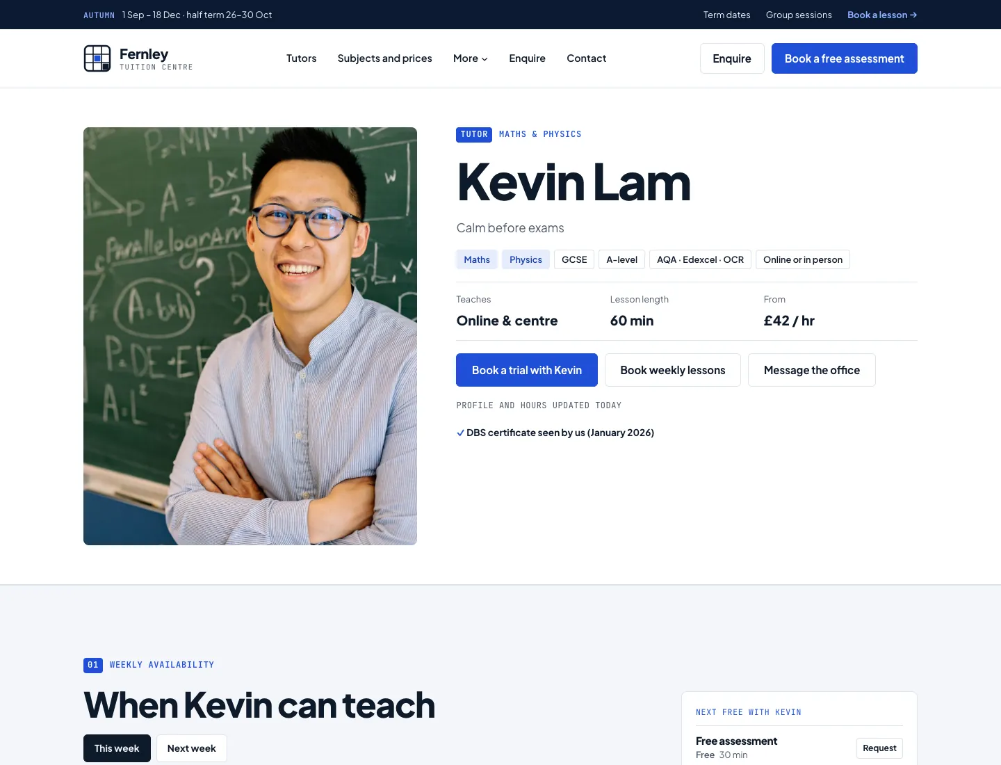 A tutor’s page in the Campus design on desktop: Kevin Lam’s portrait, his subjects, levels and exam boards, where he teaches, lesson length, price and next free time, booking buttons and “DBS certificate seen by us (January 2026)”