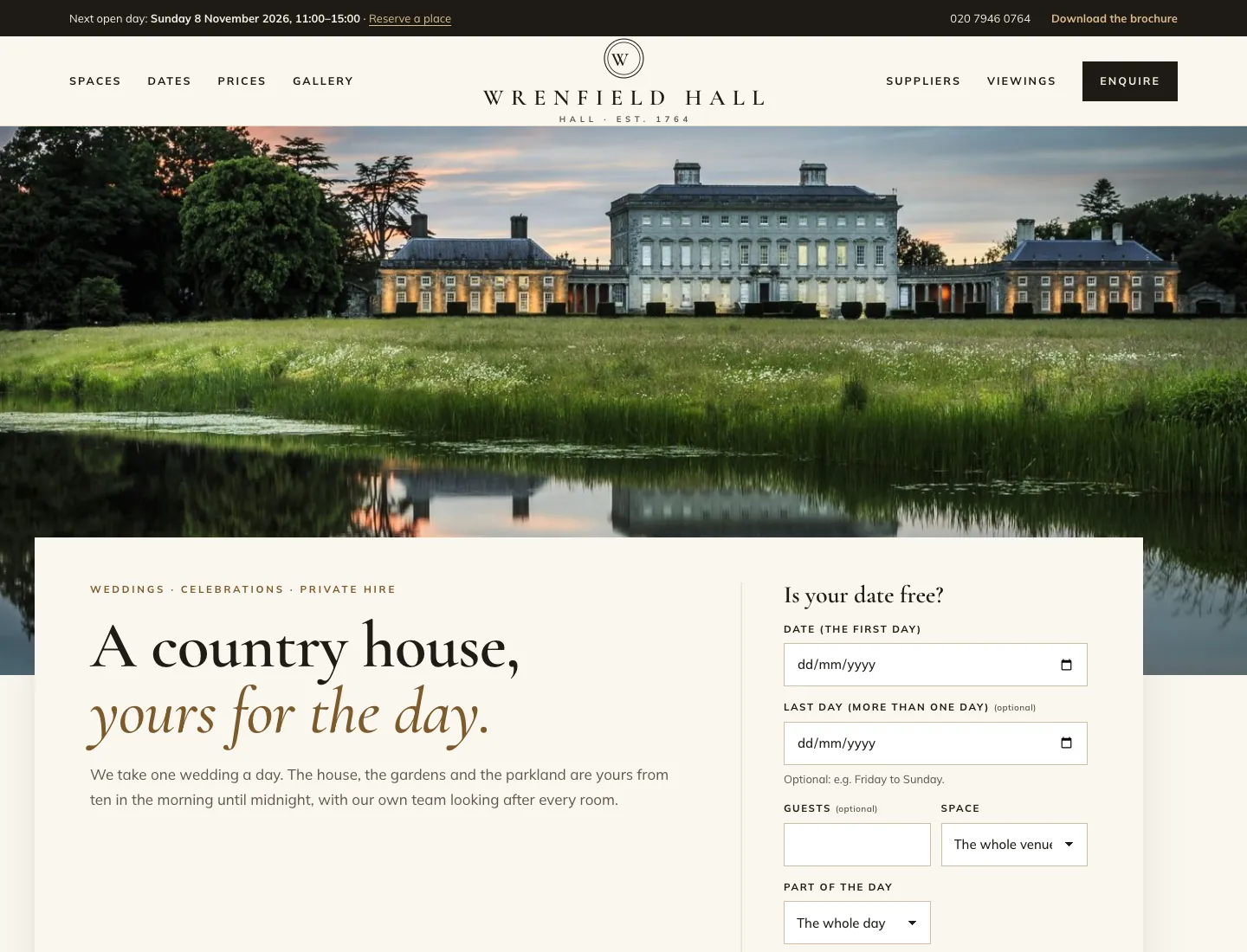 Venue home page in the Estate design on desktop: the next open day and “Download the brochure” in a top bar, the Wrenfield Hall crest with the menu either side, a full-width photo of the house across a lake, and “A country house, yours for the day.” beside “Is your date free?” with date, guests, space and part of the day